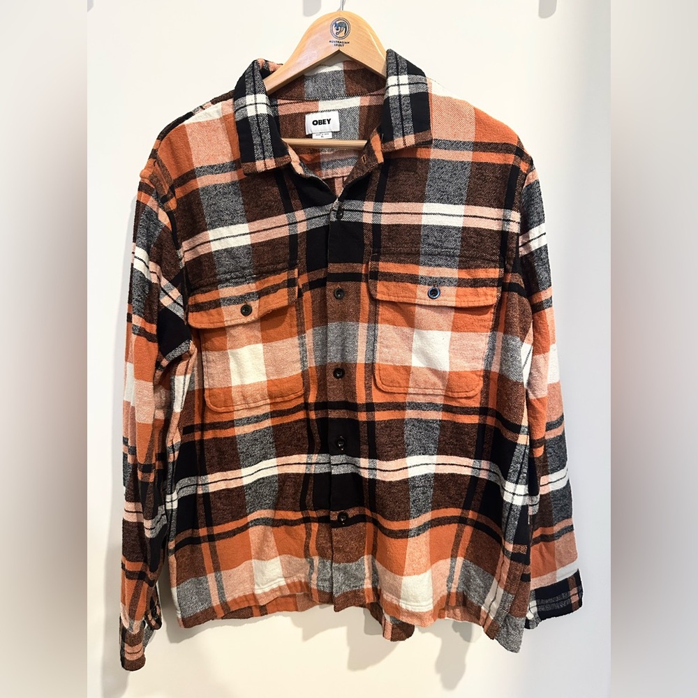 Obey Orange and Black Plaid Shirt - XL